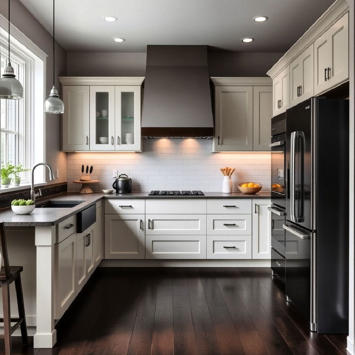 monochromatic kitchen with dark wood floor