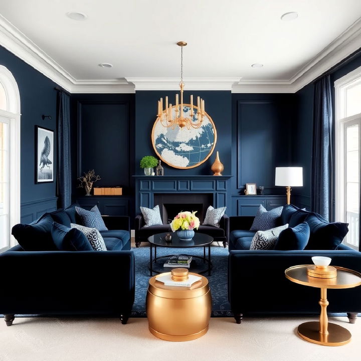 monochromatic navy blue living room