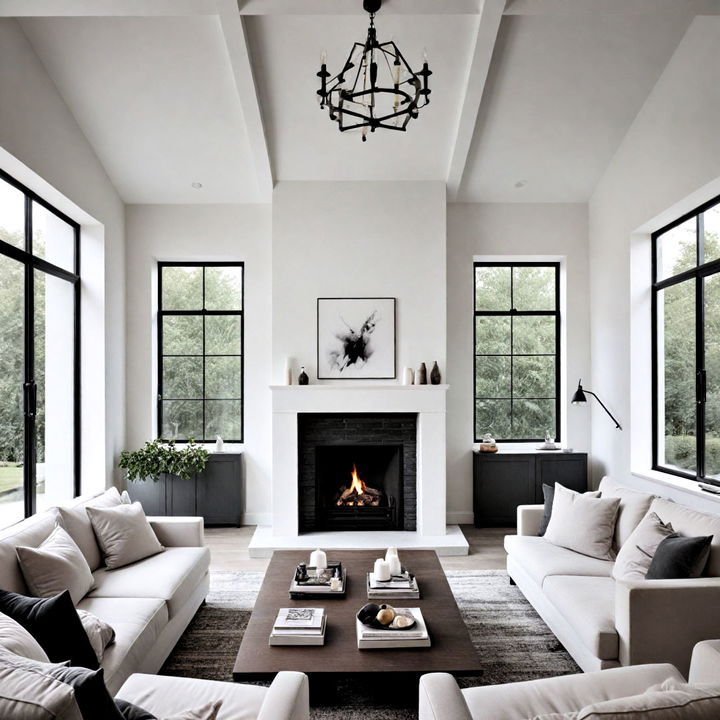 monochrome fireplace with symmetrical windows