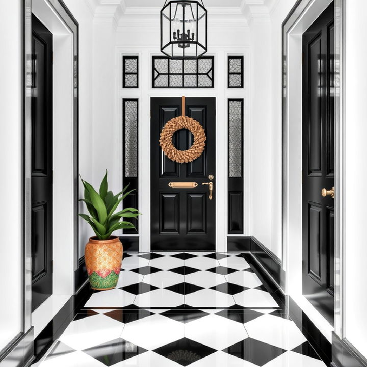 monochrome tile floor with a glossy finish