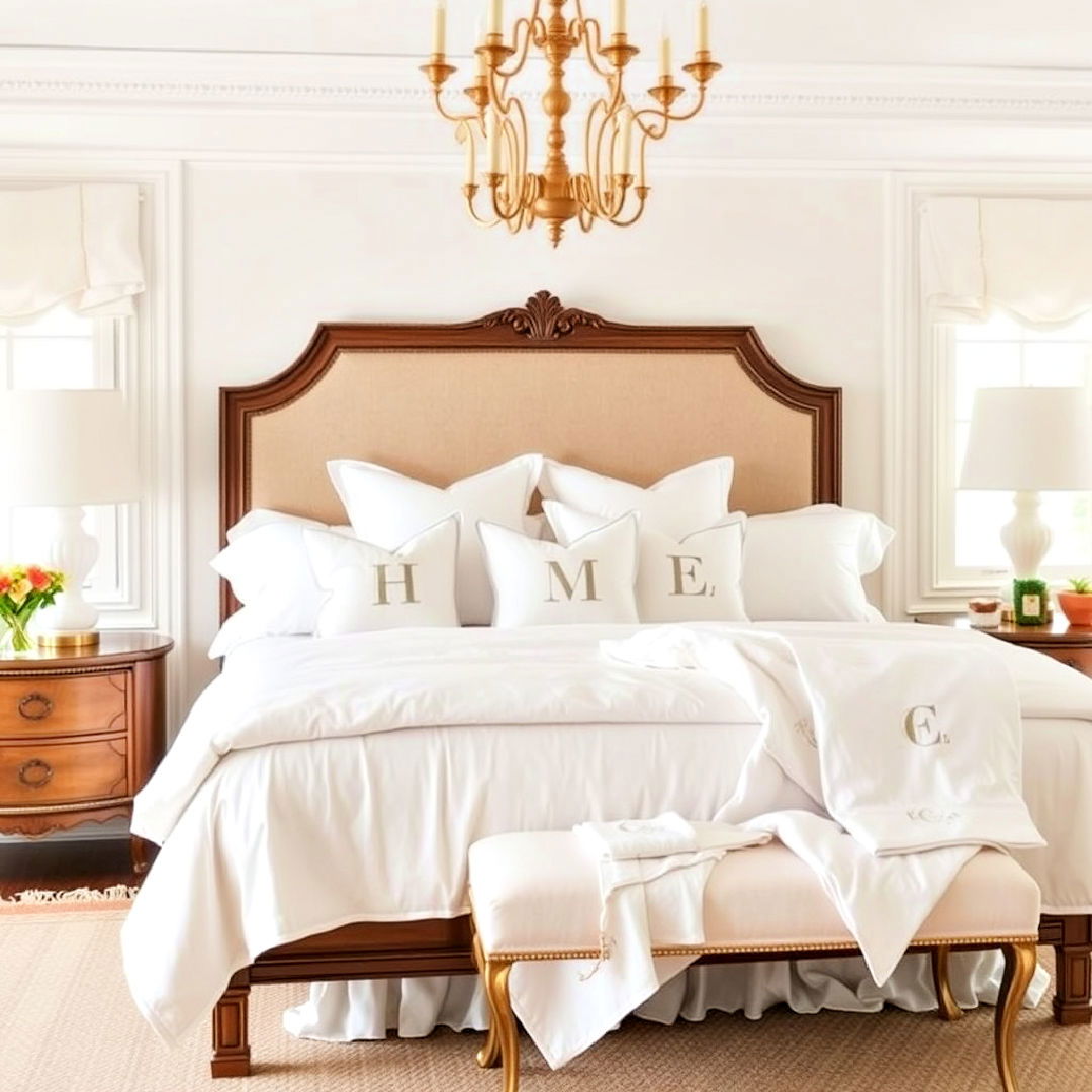 monogrammed linens for grandmillennial style bedroom