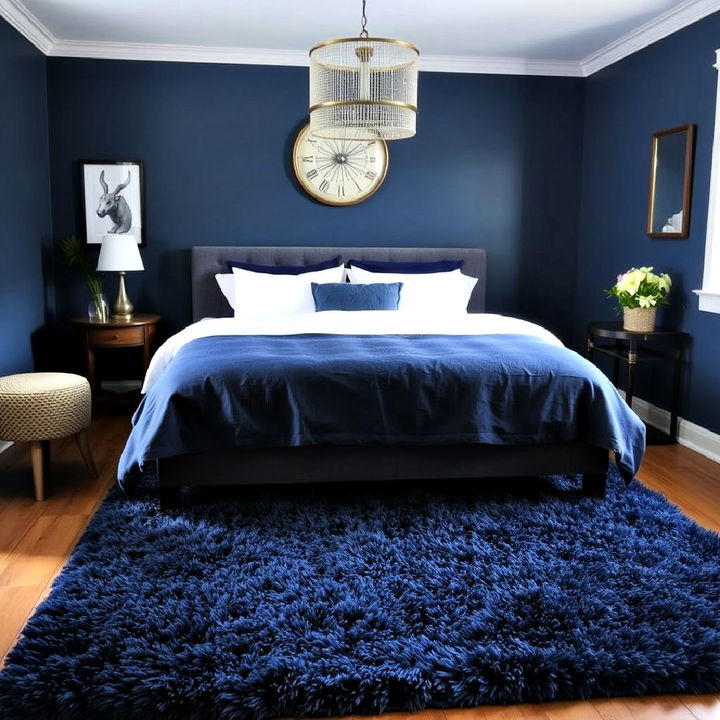 moody blue bedroom with a plush blue rug