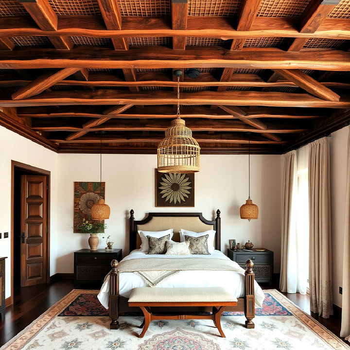 moroccan inspired ceiling with wooden beams