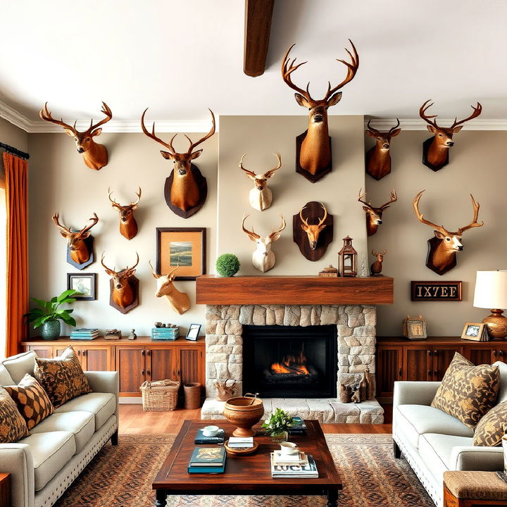 mounted trophies as centerpieces in hunting room