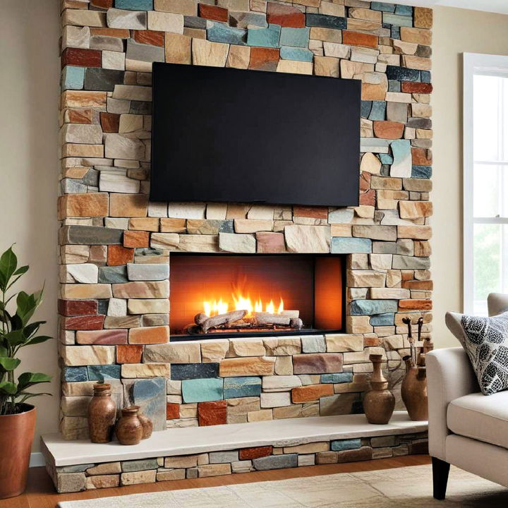 multi colored faux stone fireplace