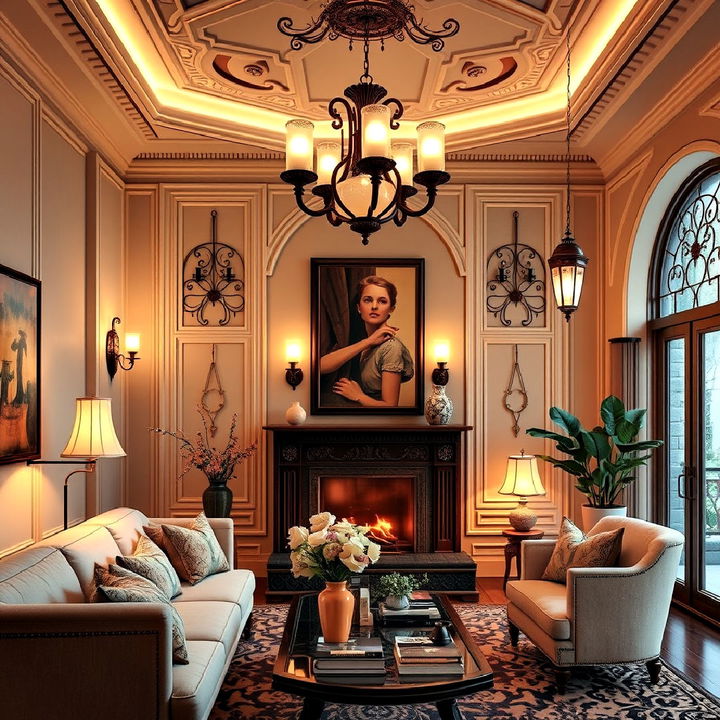 multi layered lighting in art nouveau interior