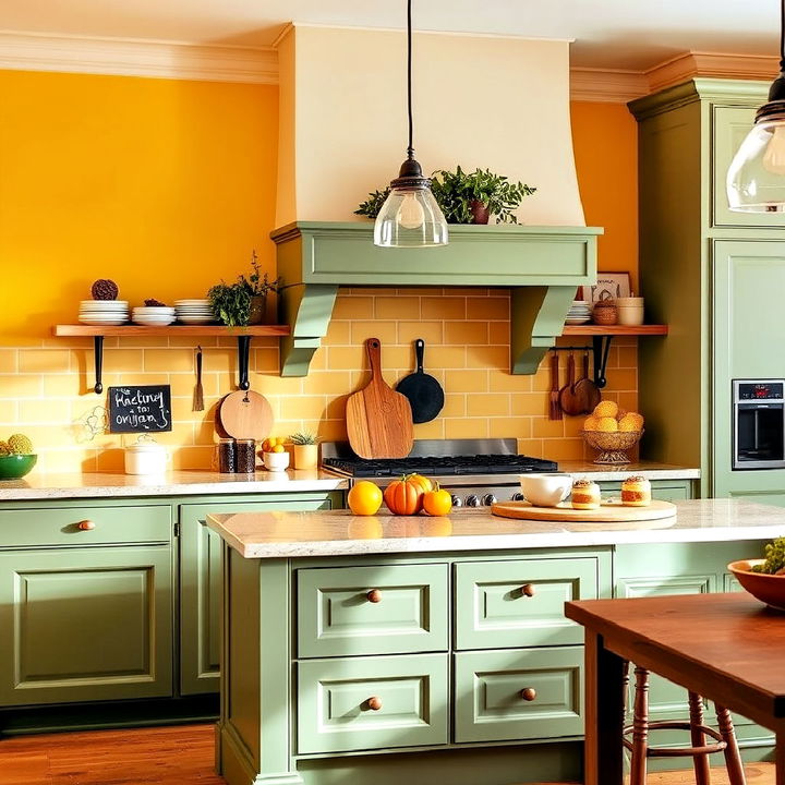 mustard yellow and olive green kitchen