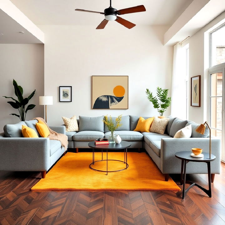 mustard yellow rug pair with a grey couch