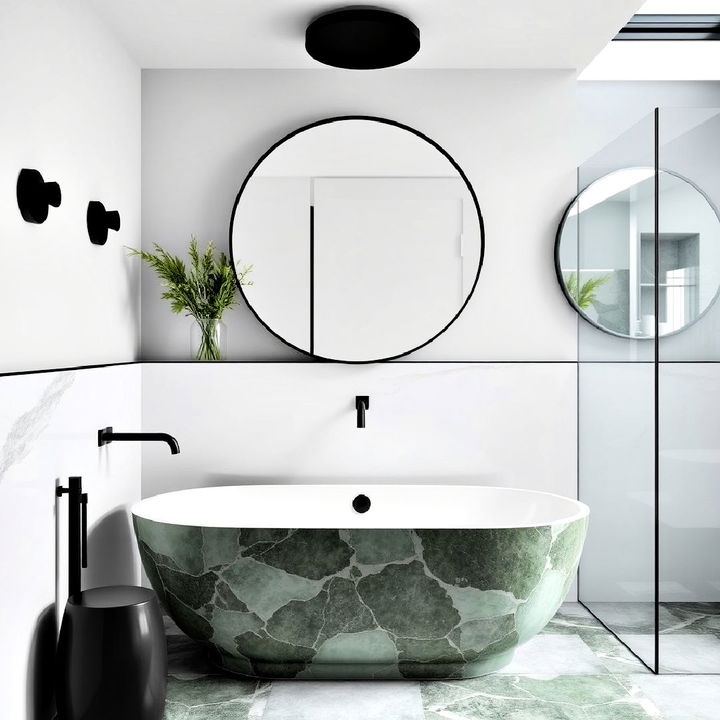 natural green stone bathtub in a black and white bathroom