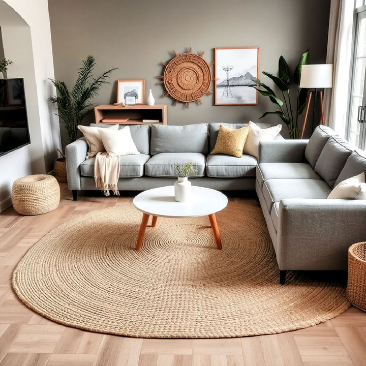 natural jute rug with a grey couch