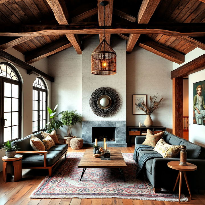 natural wood beams living room celling