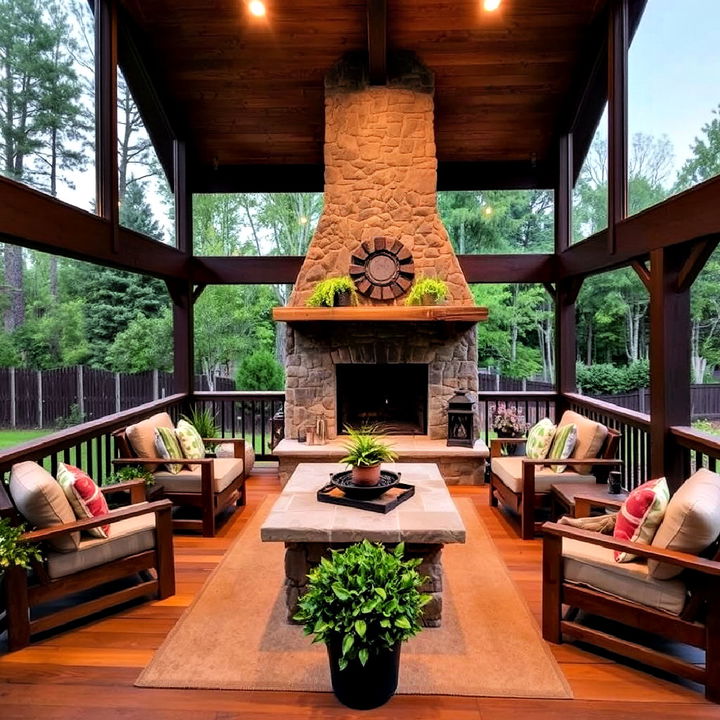 nature integrated design covered deck with fireplace