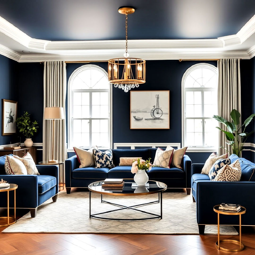 navy and brass lighting fixtures for living room