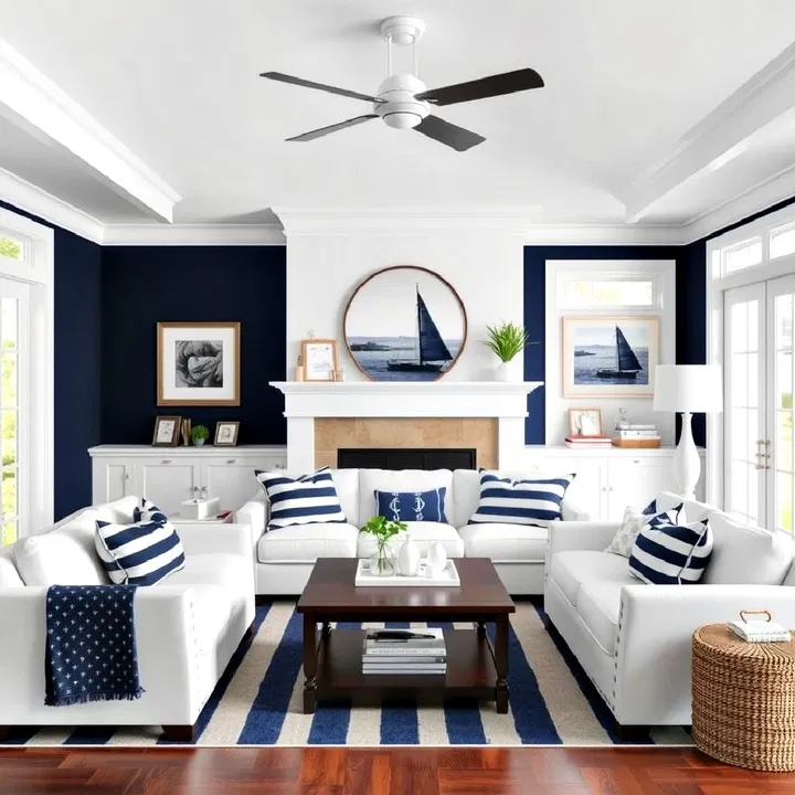 navy and white color scheme living room