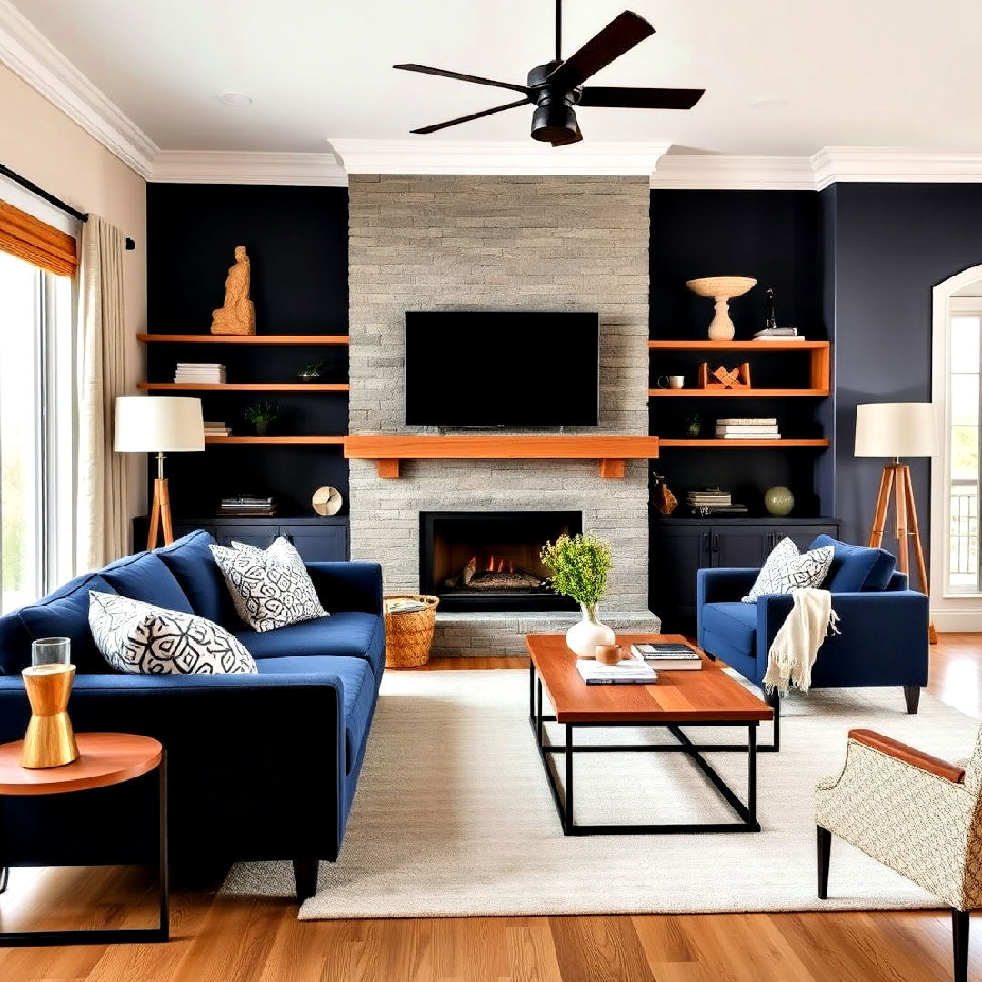 navy and wood combo for a natural contrast living room