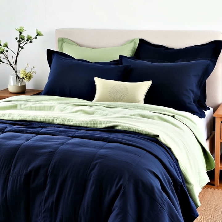 navy blue and sage green bedding