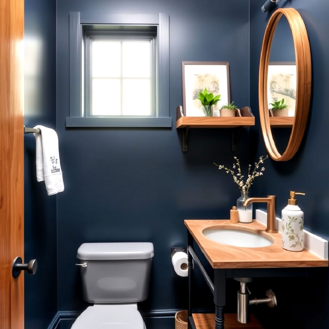 navy blue combined with warm wooden elements for powder room