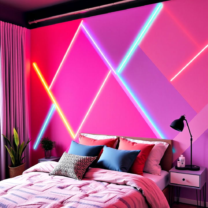 neon geometric wall patterns in the bedroom