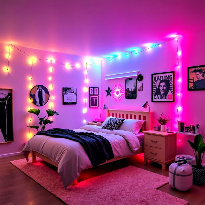 neon string lights around the bedroom