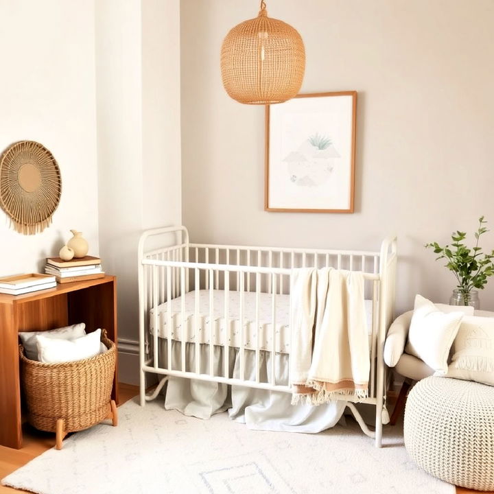 neutral bedding with subtle patterns for boho nursery