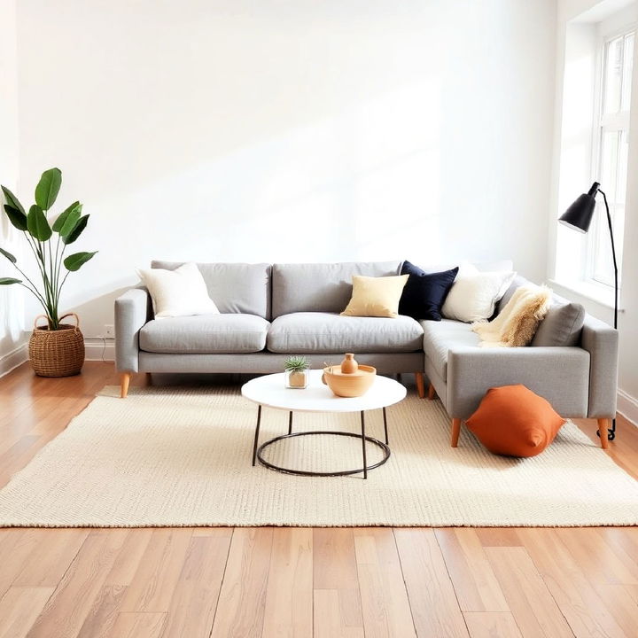 neutral beige rug with a grey couch