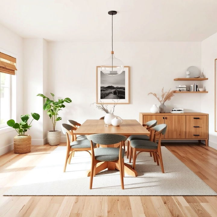 neutral dining room with natural wood accents