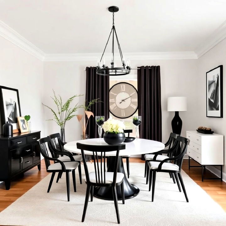 neutral dining room with striking black accents