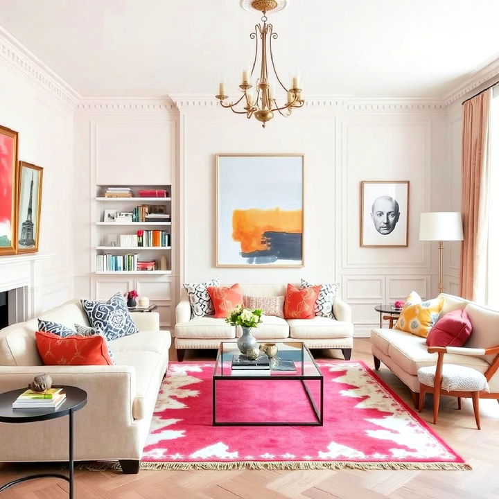 neutral parisian living room with vibrant accents