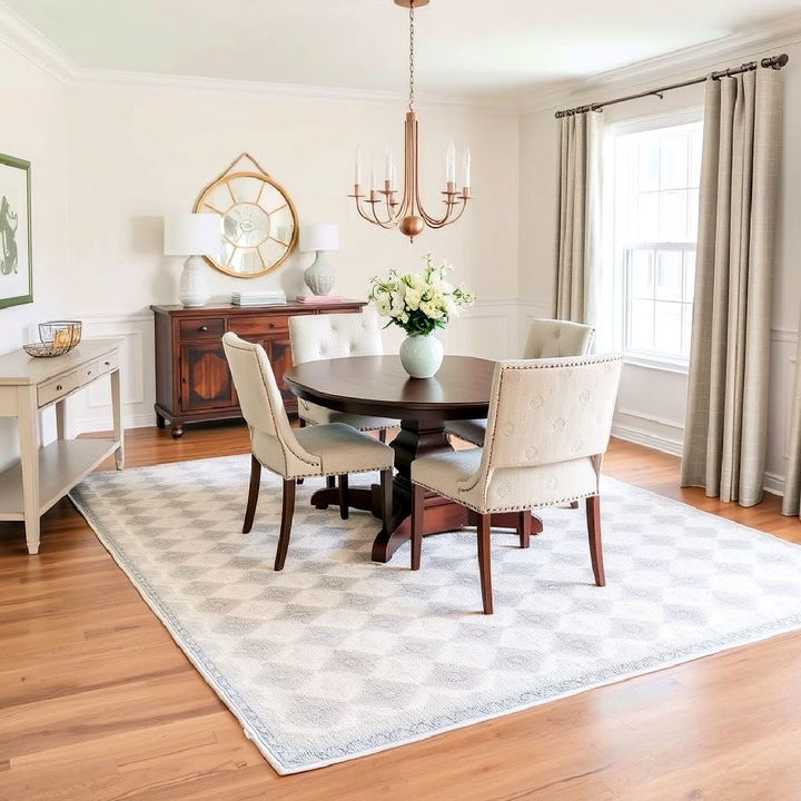 neutral patterned cozy dining room rug