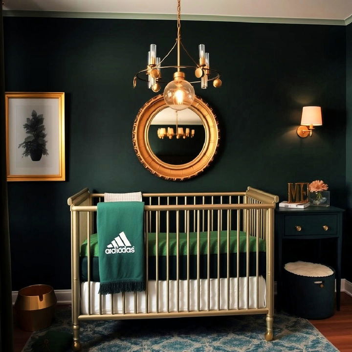 nursery with dark green and gold accessories