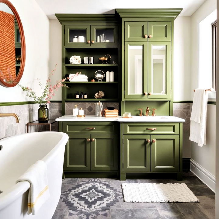 olive green bathroom cabinetry