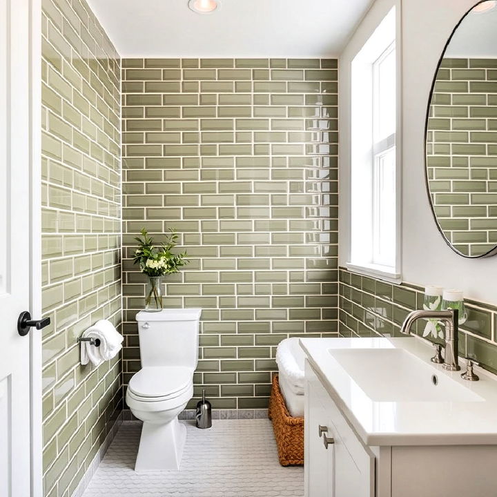 olive green subway tile accent wall