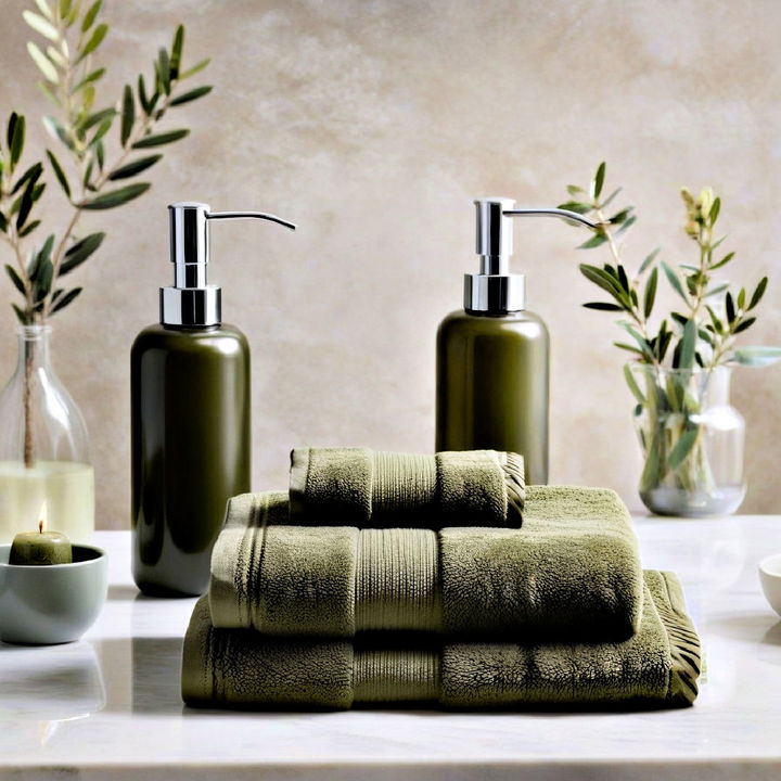 olive green towels and accessories