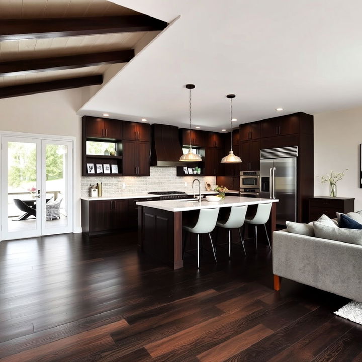 open concept kitchen with dark wood floor