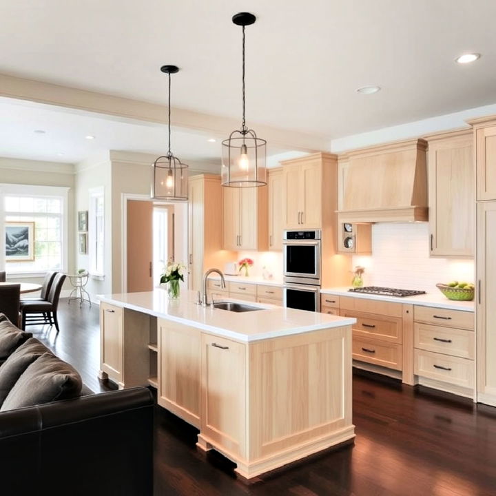 open concept living spaces white oak cabinets