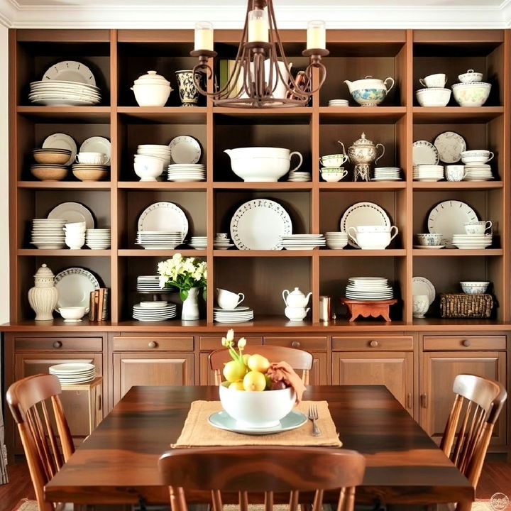 open shelving in a cottage dining room