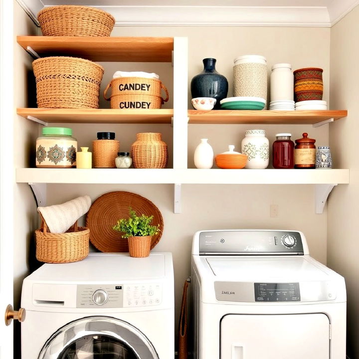 open shelving with decorative woven baskets