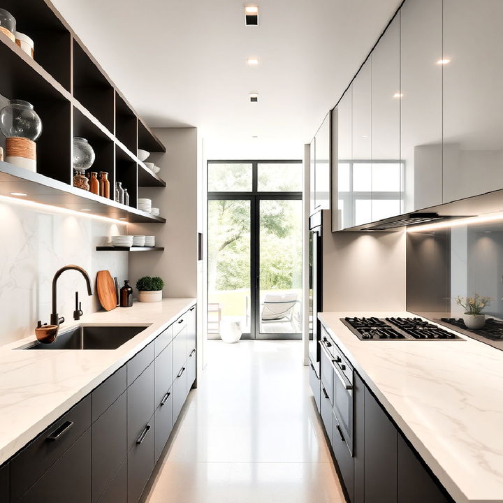 open shelving with marble accents kitchen