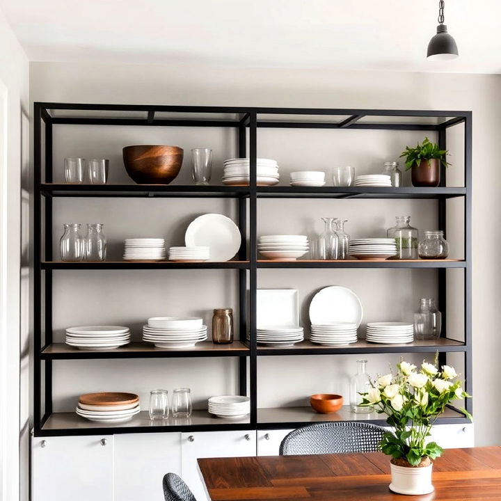 open shelving with metal frames for masculine dining room