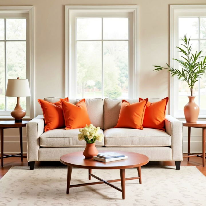 orange accent pillows to a neutral sofa