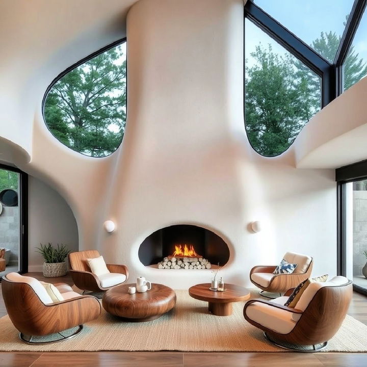 organic modern with curved shapes stucco fireplace