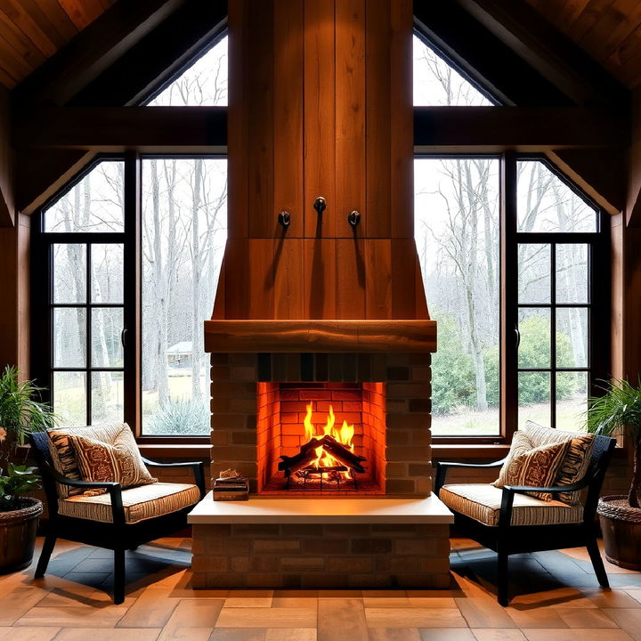 outdoor inspired fireplace between reclaimed wood windows