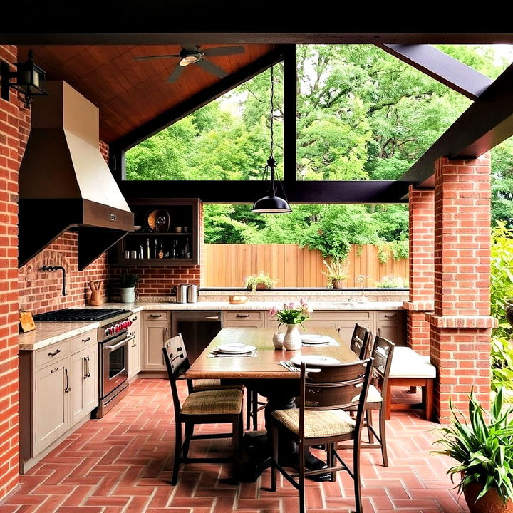 outdoor inspired red brick patio kitchen