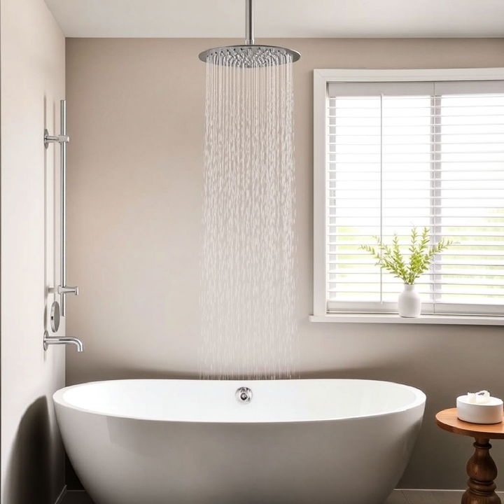 oval tub with ceiling mounted shower