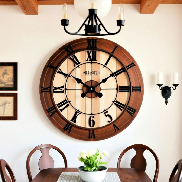 oversized wall clock in cottage dining room