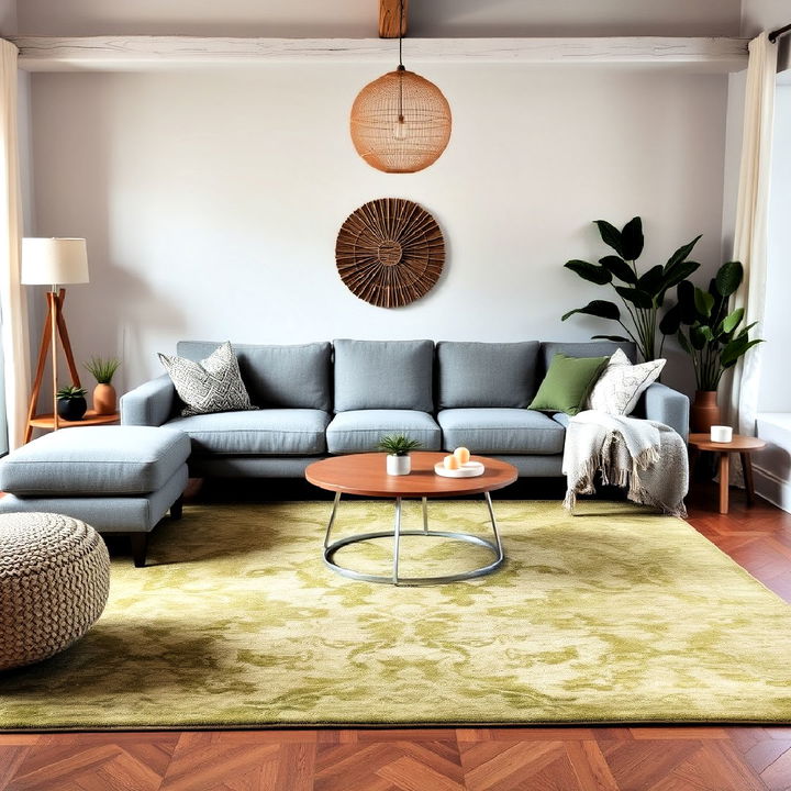 pair grey couch with an olive green rug