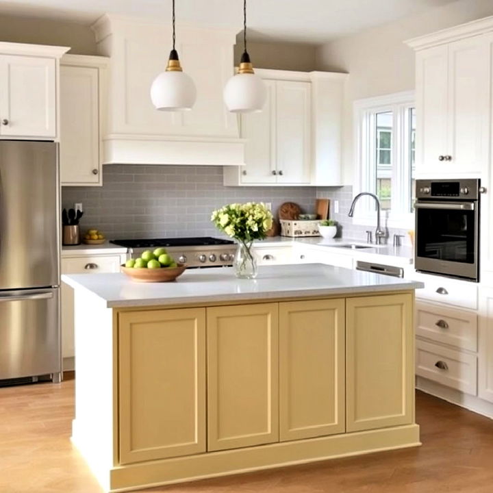 pale yellow kitchen island for a soft contrast kitchen