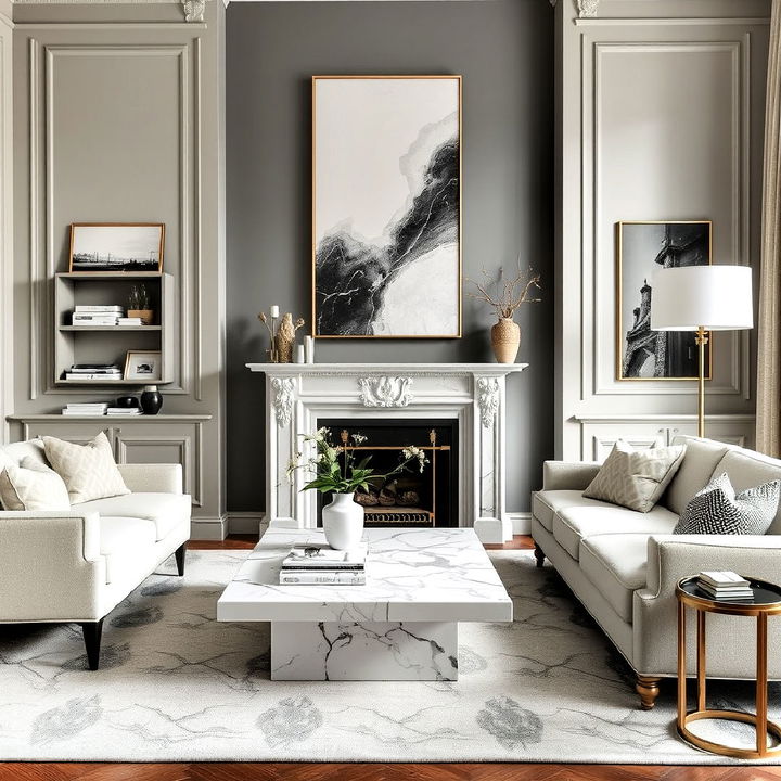 parisian style living room with marble accents