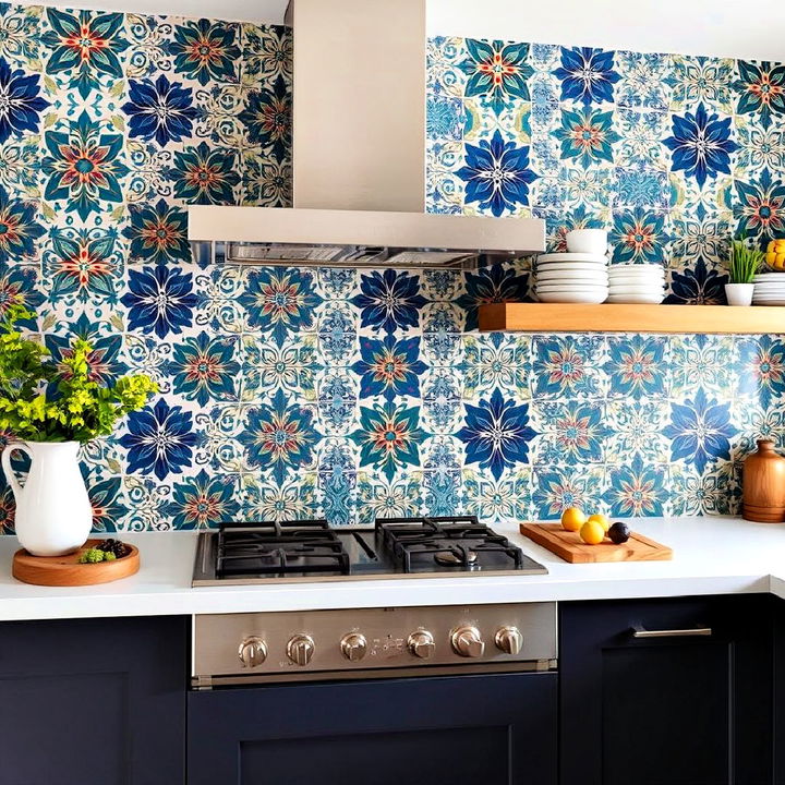 patterned cement tiles backsplash kitchen