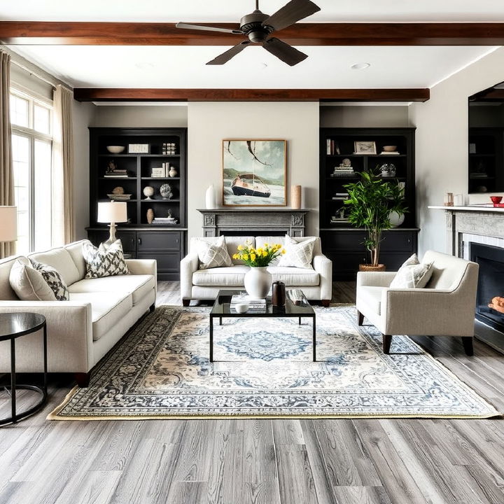 patterned rug over grey flooring